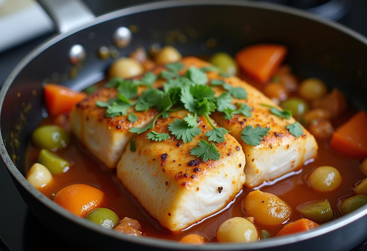 Peixe marinado sendo colocado sobre os legumes refogados na panela de Moqueca.