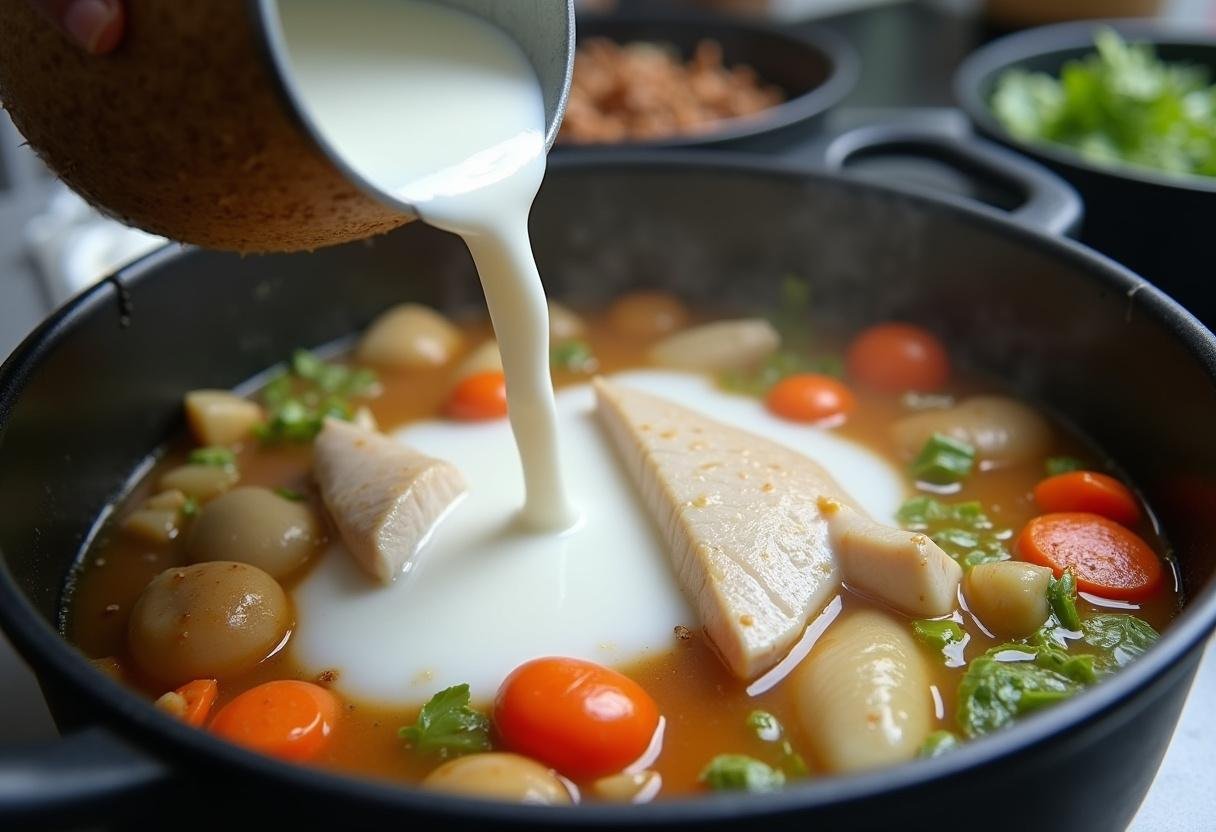 Leite de coco fresco sendo adicionado à Moqueca Baiana para um toque cremoso.