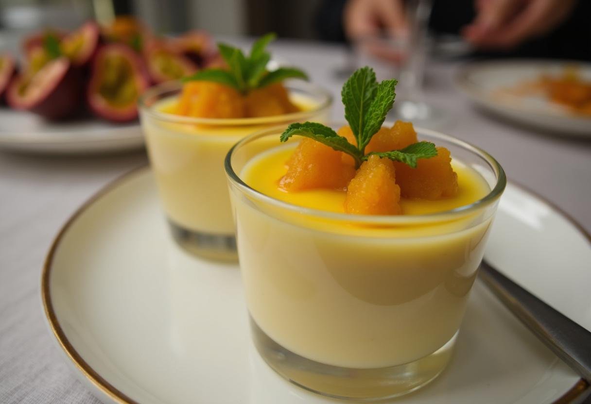Mousse de Maracujá finalizada e decorada com polpa de maracujá e folhas de hortelã