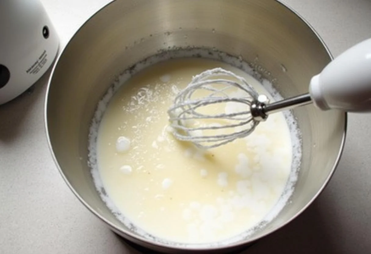 Mistura de creme de leite e açúcar para Mousse de Maracujá leve e arejada.