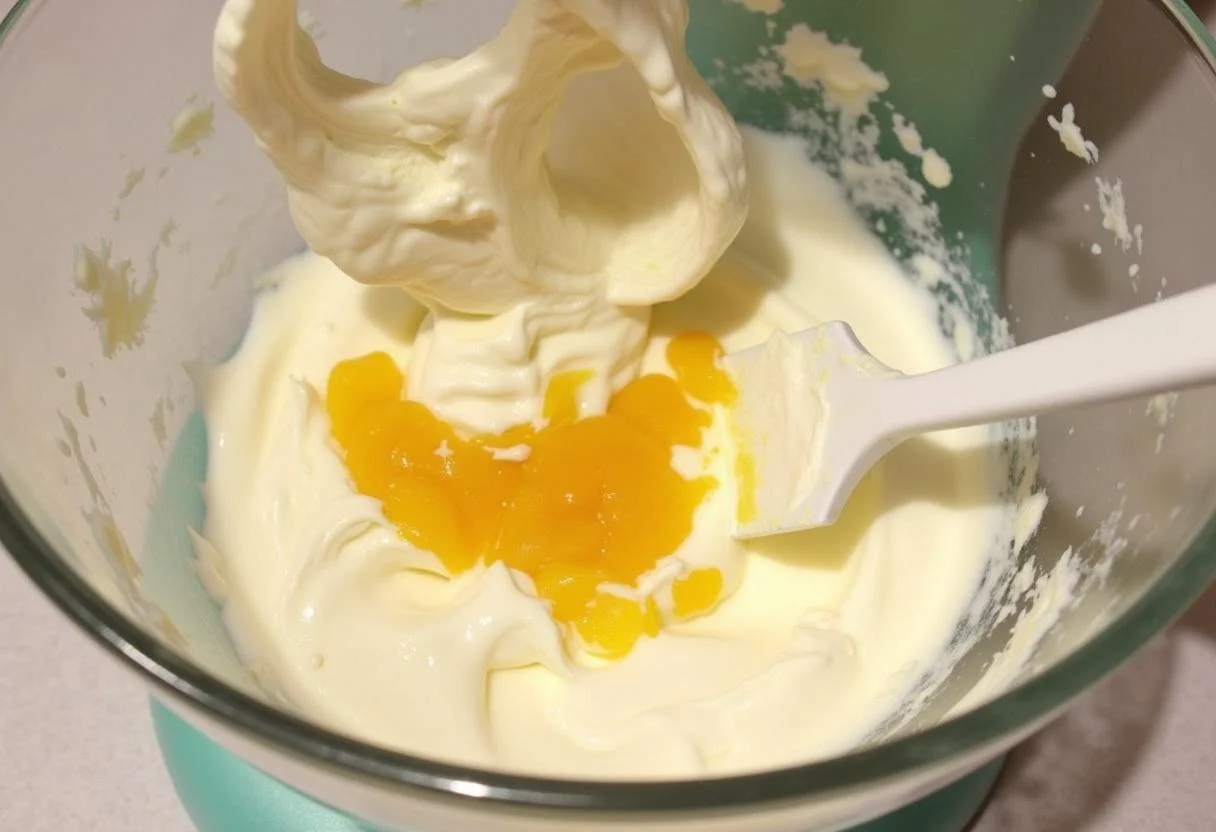 Misturando polpa de maracujá em creme de leite batido para uma refrescante Mousse de Maracujá.