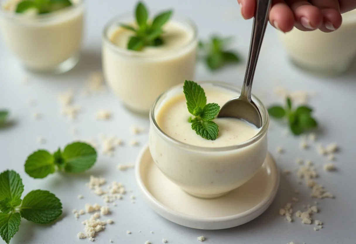 Enchendo taças de sobremesa com Mousse de Maracujá refrescante, pronta para gelar.