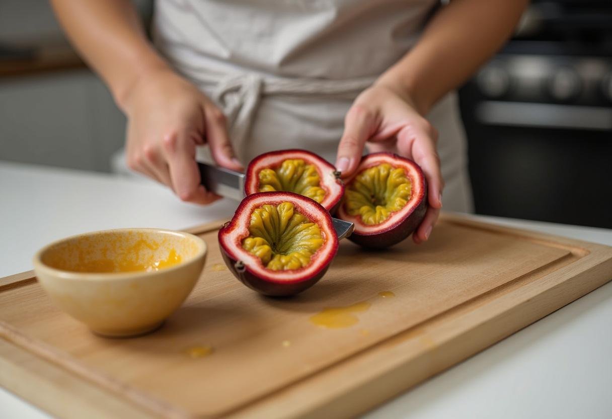 Cortando maracujás frescos para preparar a Mousse de Maracujá