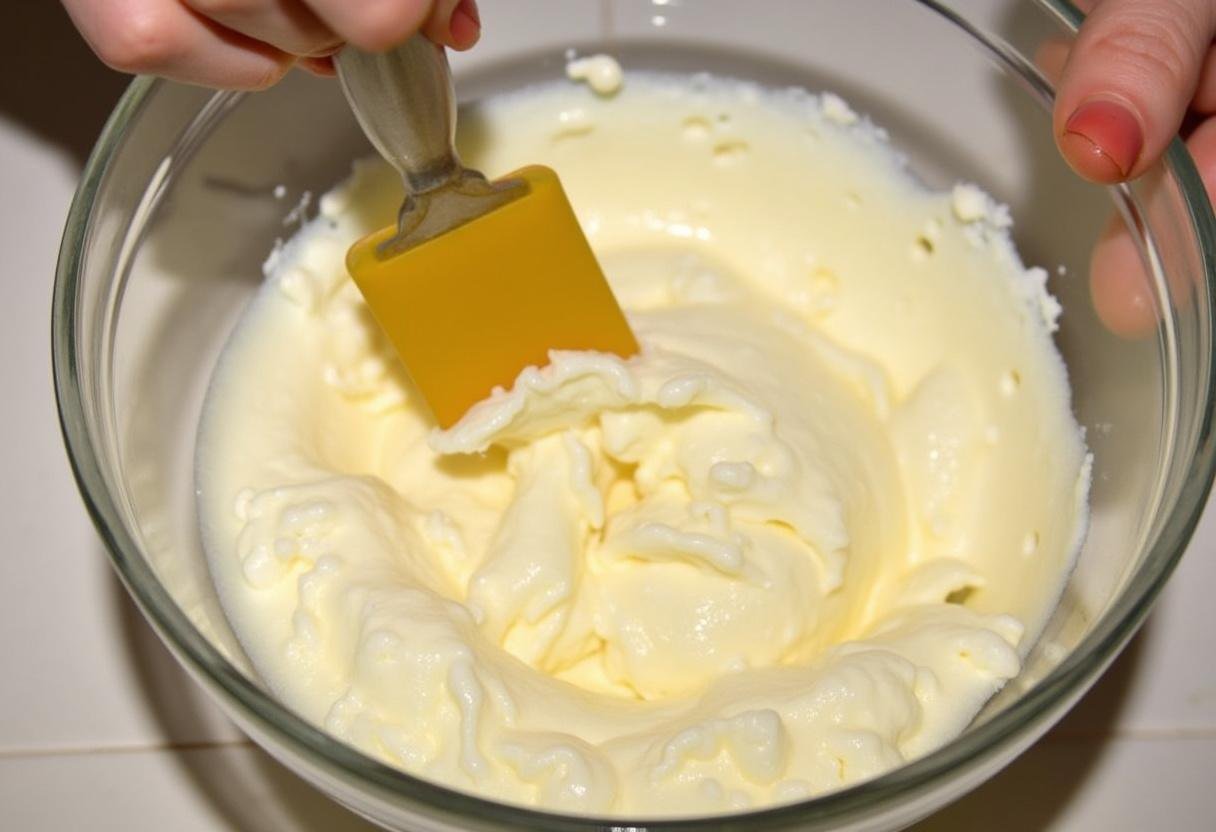 Mistura de maracujá sendo incorporada ao chantilly para a Mousse de Maracujá
