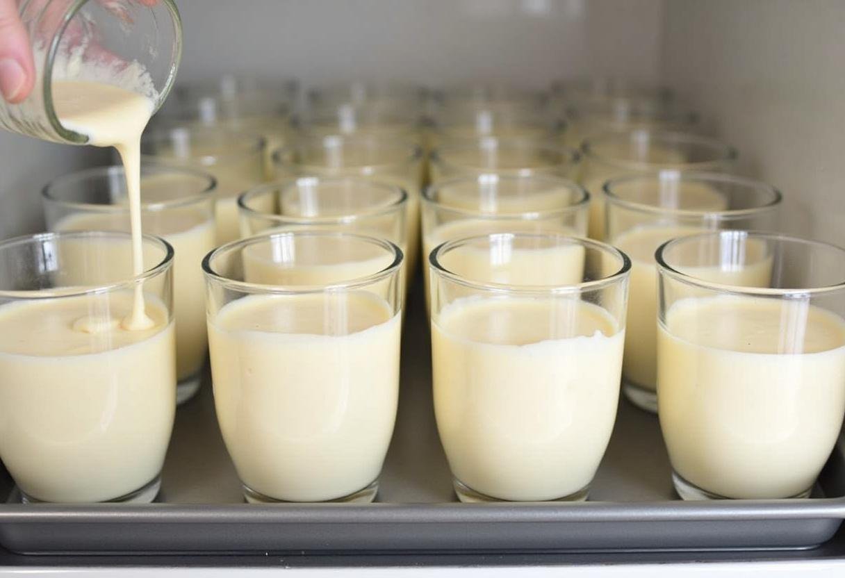 Taças sendo preenchidas com a Mousse de Maracujá e levadas à geladeira