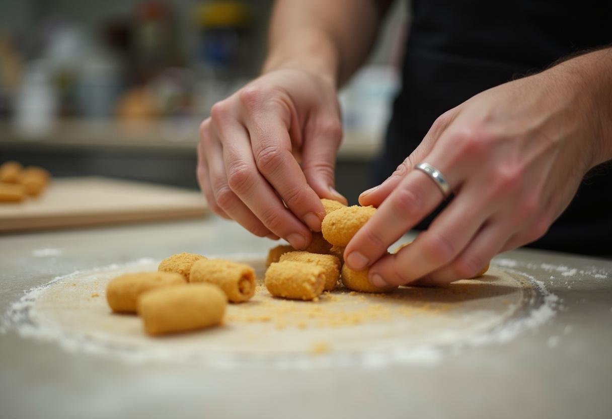 Massa de paçoca sendo moldada em formato de cilindros para finalizar a receita.