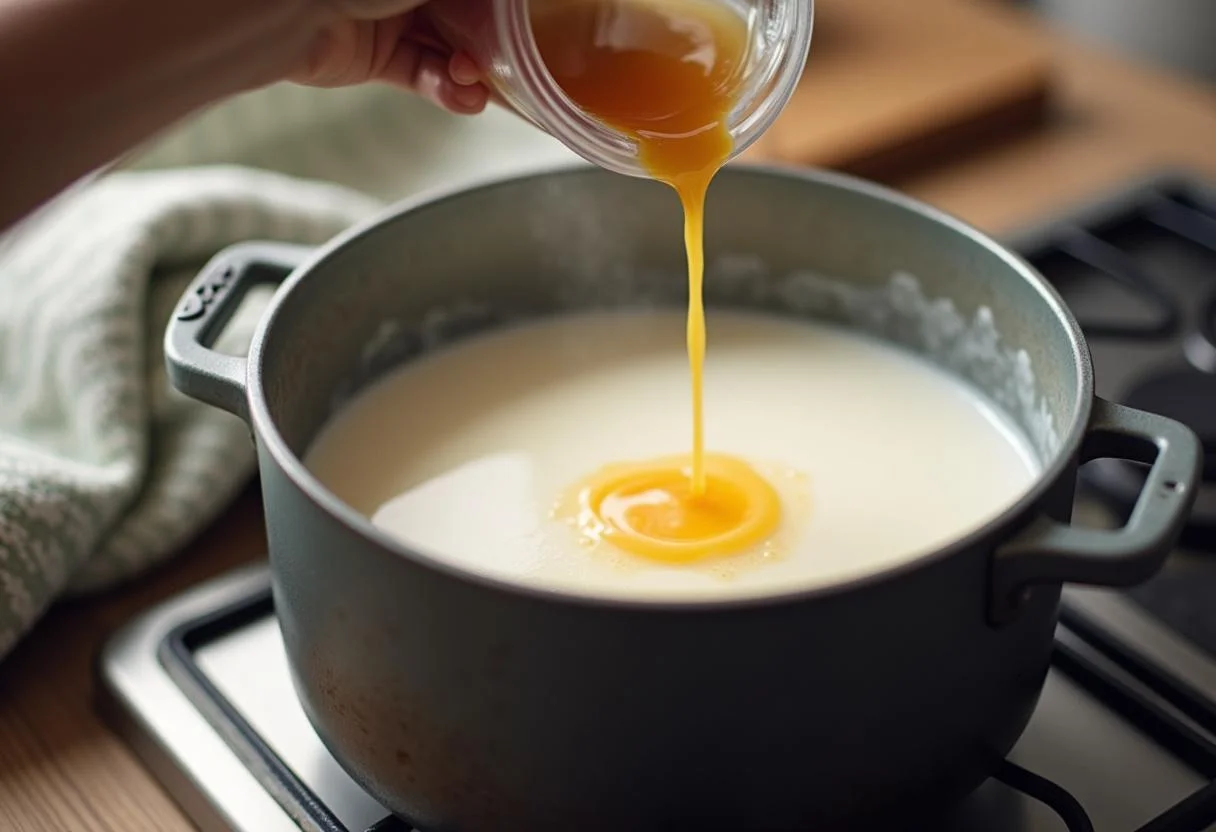 Aquecendo leite e essência de baunilha para a receita de Pamonha Doce Tradicional.