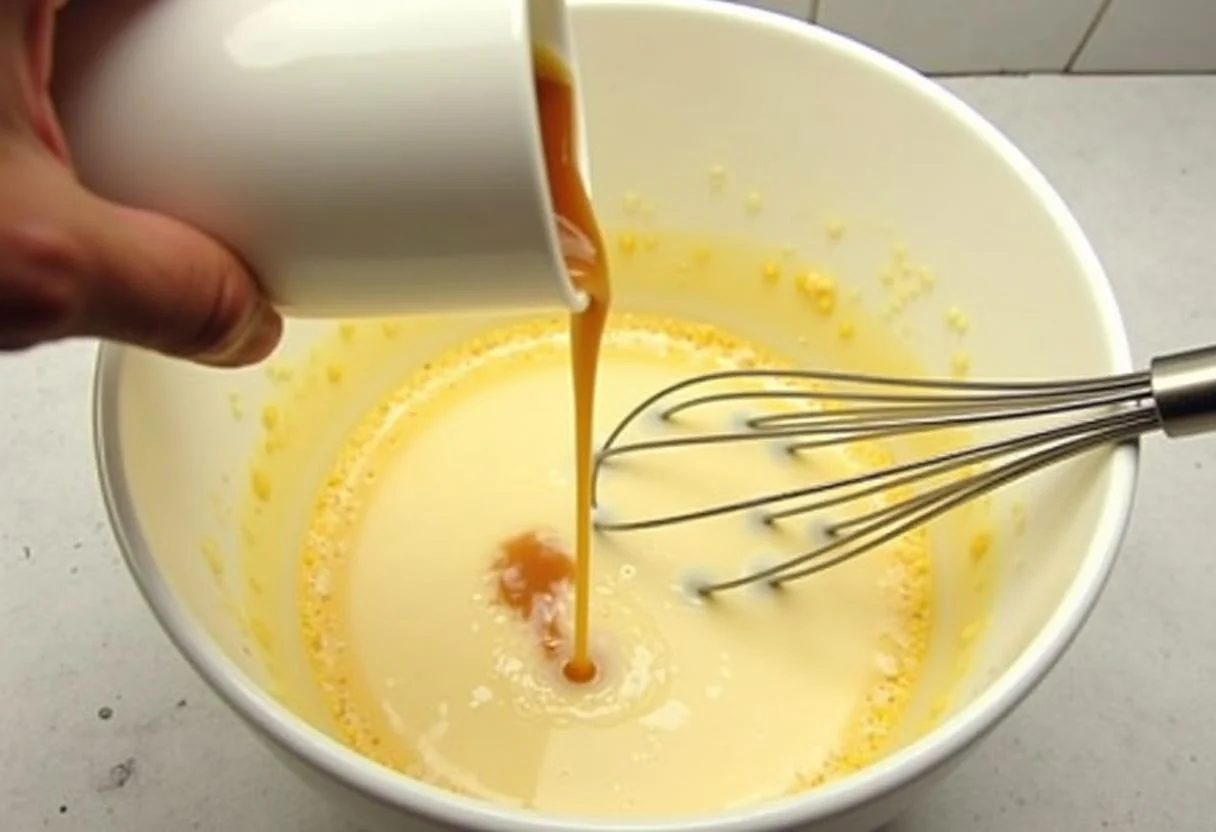 Leite quente sendo adicionado à mistura de milho para Pamonha Doce Tradicional.