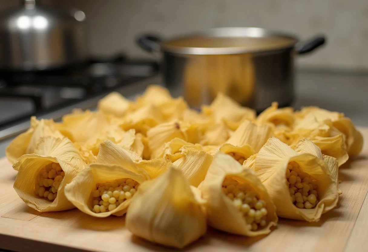 Porções de Pamonha Doce envoltas em folhas de milho, preparadas para cozinhar.