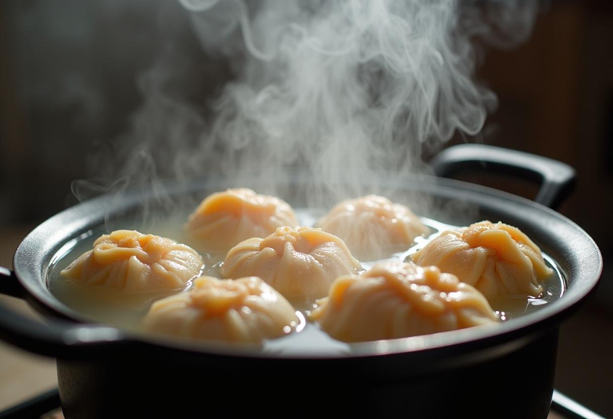 Pamonhas cozinhando em água fervente, etapa crucial da receita.