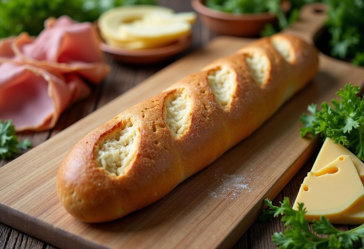 Long loaf of bread and fresh ingredients for preparing pao de metro recheado para festa.