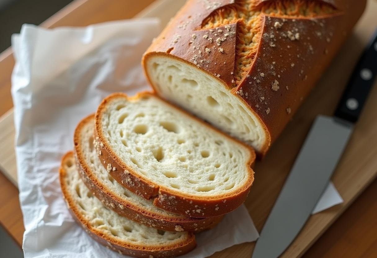 Loaf of bread sliced open for making pao de metro recheado para festa.