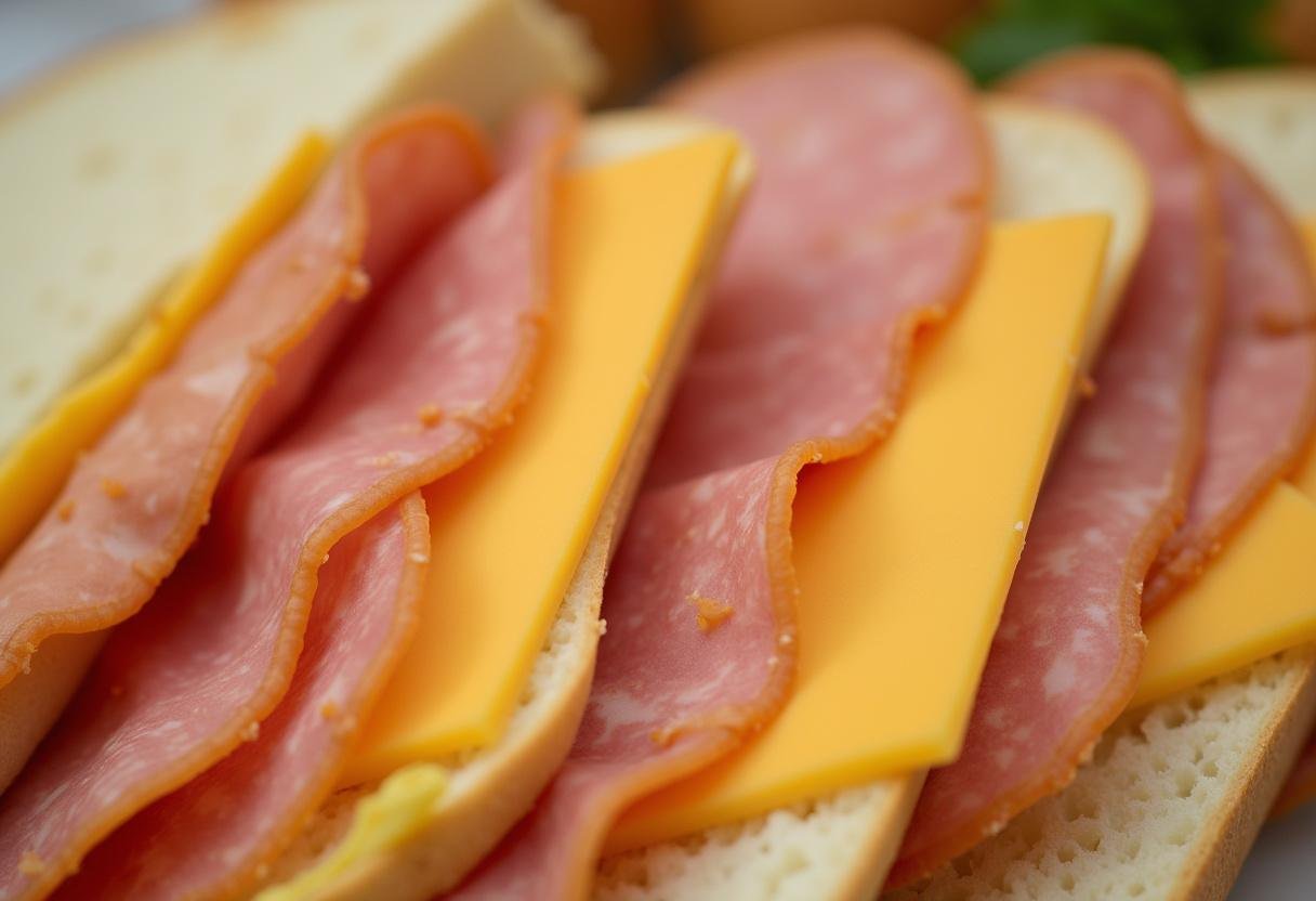Layers of ham and cheese being added inside the bread for pao de metro recheado.