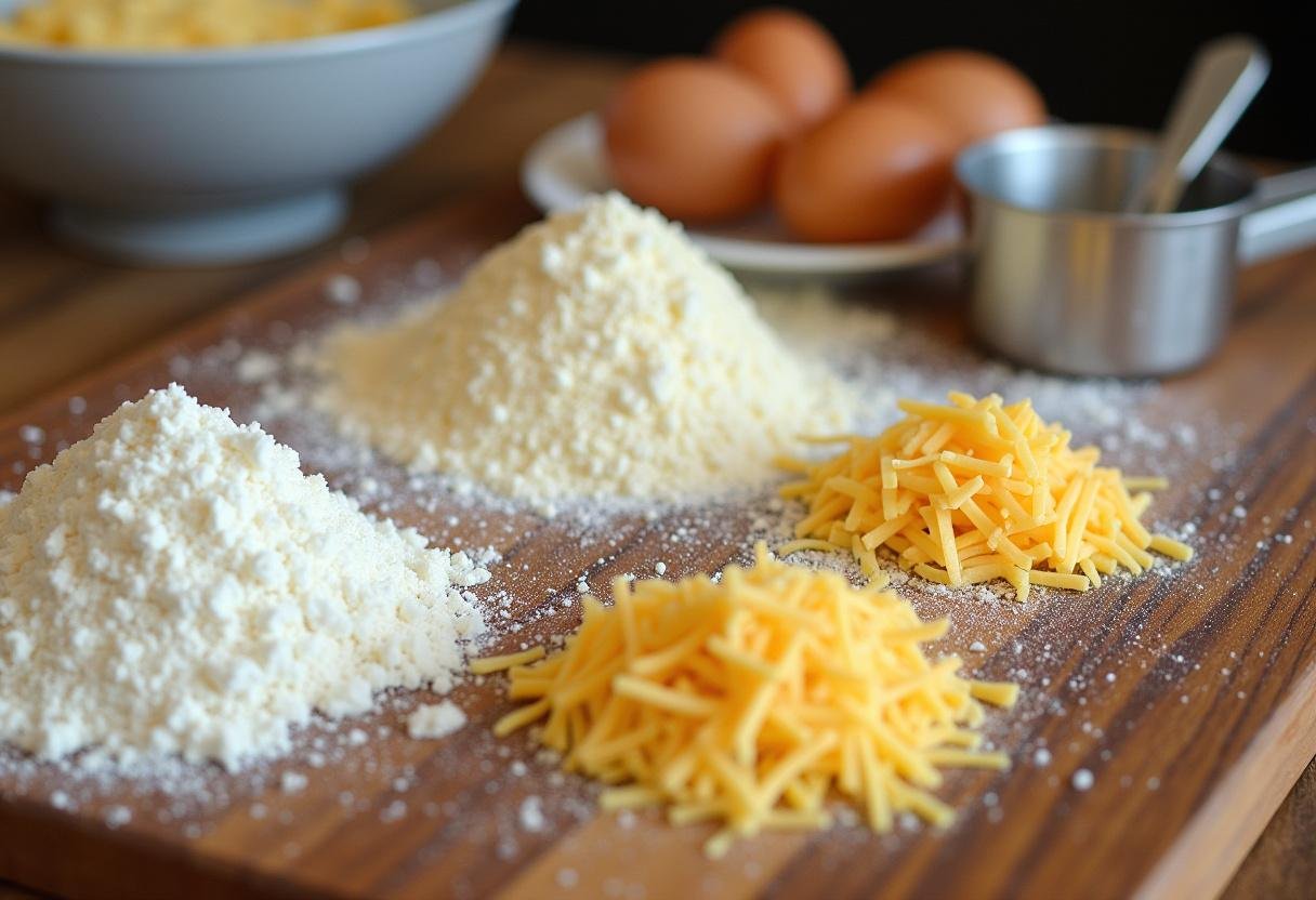 Tapioca flour and grated cheese prepared for making Pão de Queijo Crocante Perfeito.