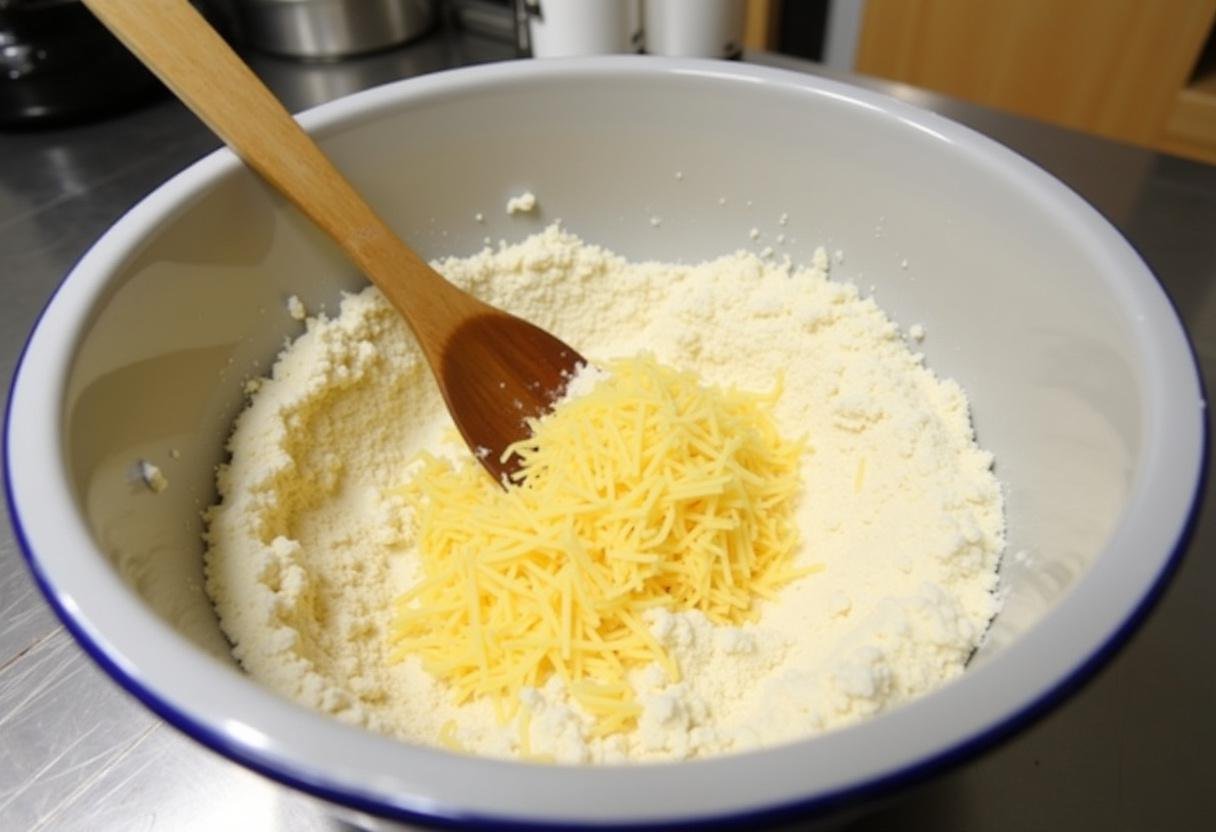 Milk and oil heating in a saucepan for Pão de Queijo dough.