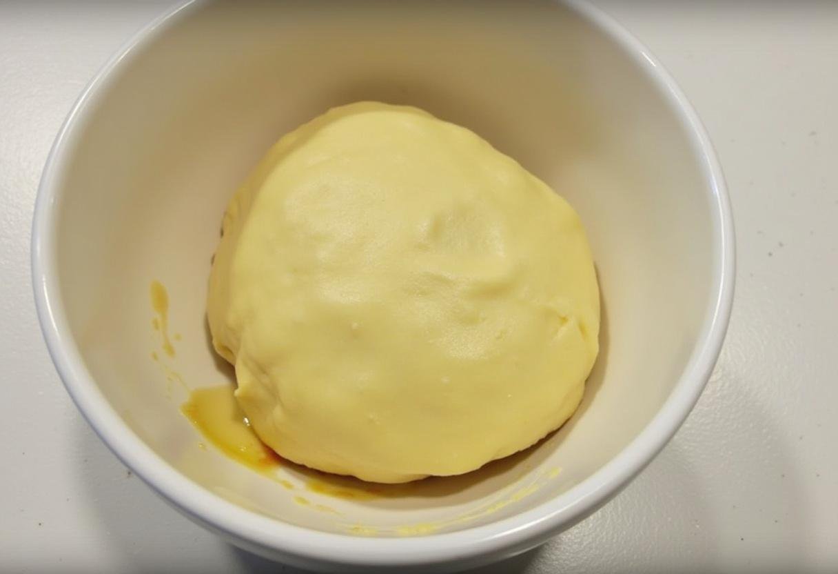 Dough for Pão de Queijo being mixed with tapioca flour, cheese, and hot milk.