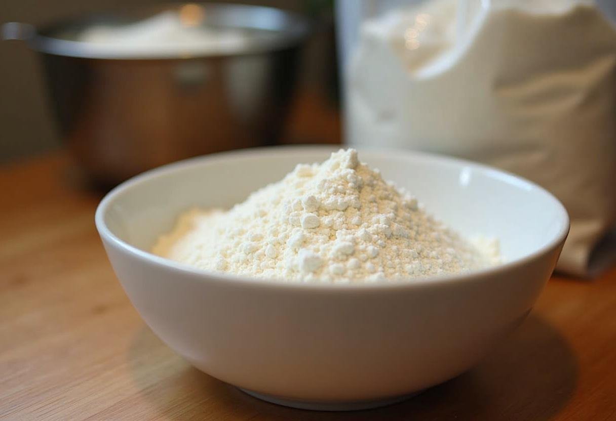 Tapioca flour in a bowl ready for making Pão de Queijo Crocante.