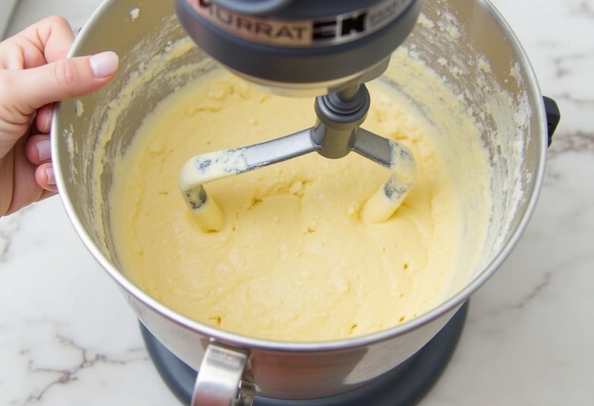 Stand mixer preparing the dough for Pão de Queijo Crocante.