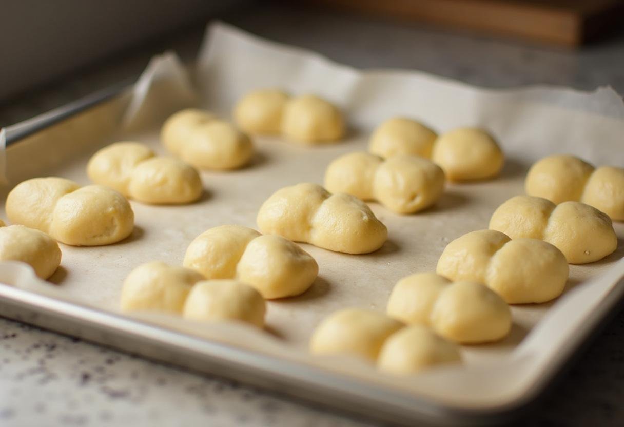 Pão de Queijo dough balls on a baking tray before baking.