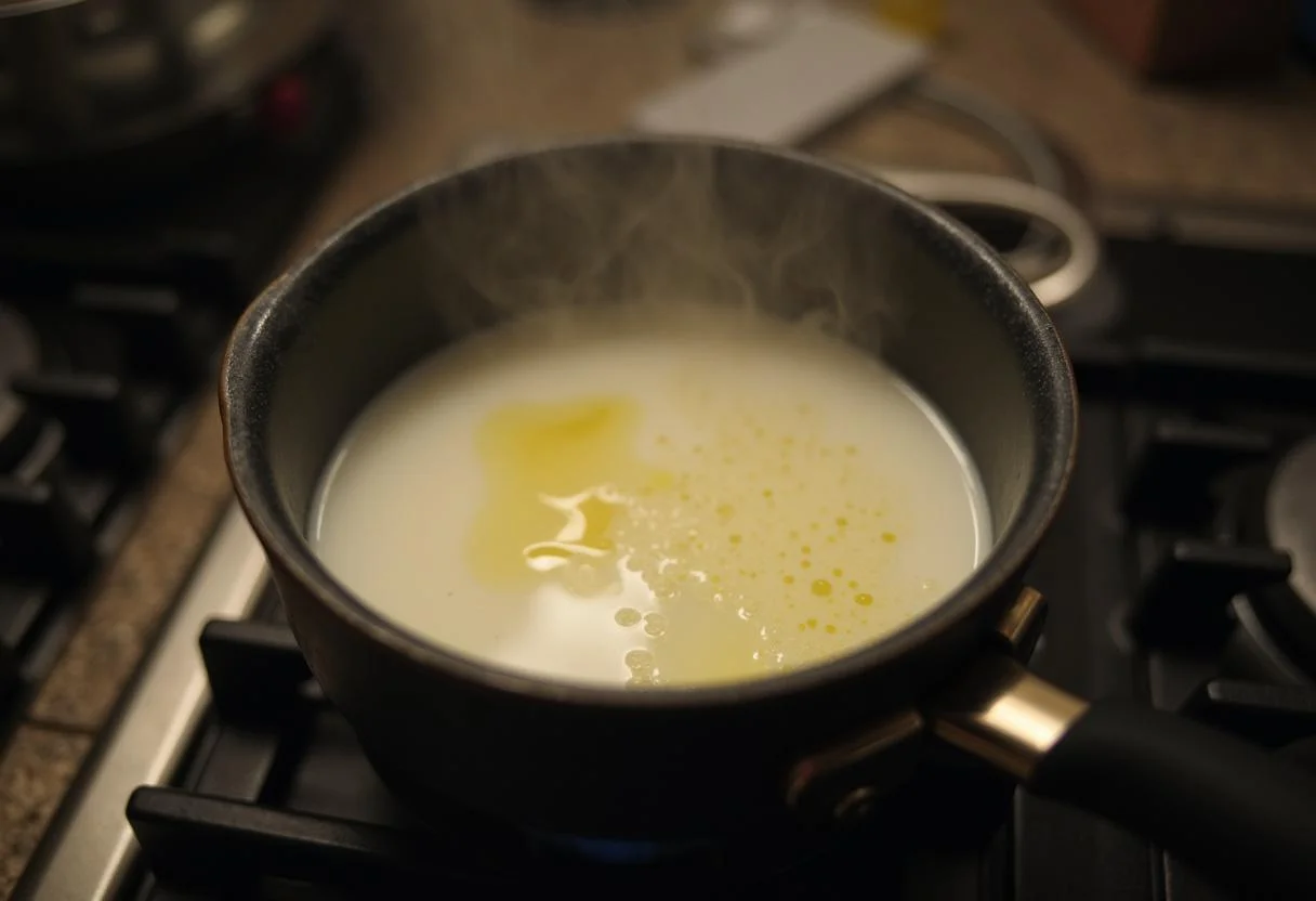 Aquecendo o leite e o óleo para a preparação da massa do Pão de Queijo Mineiro.