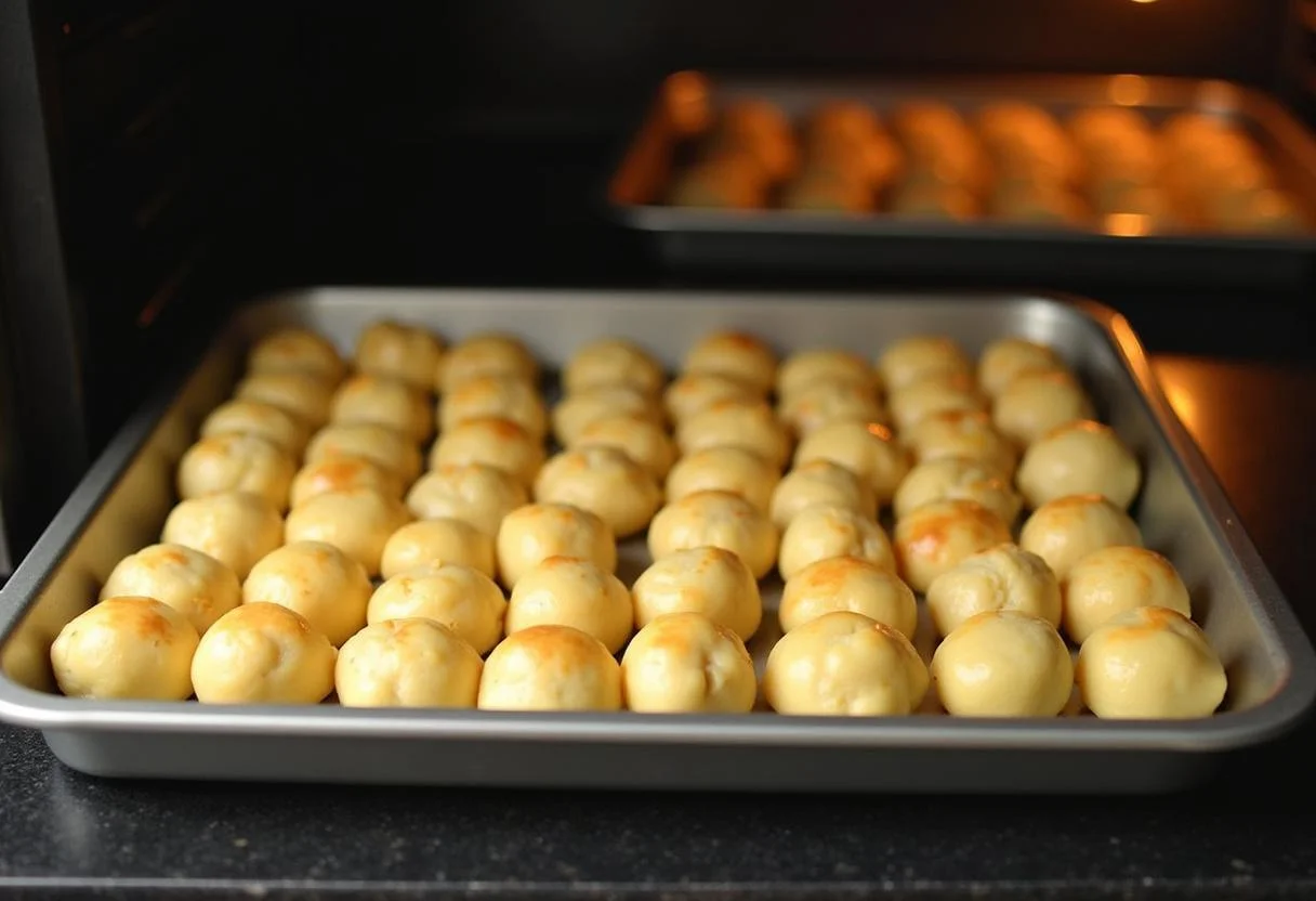 Assadeira com bolinhas de massa de Pão de Queijo prontas para assar no forno.