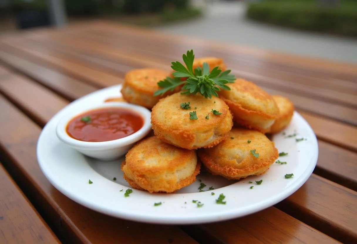 Pastel de feira crocante frito, servido com salsa, ideal para festas e piqueniques.