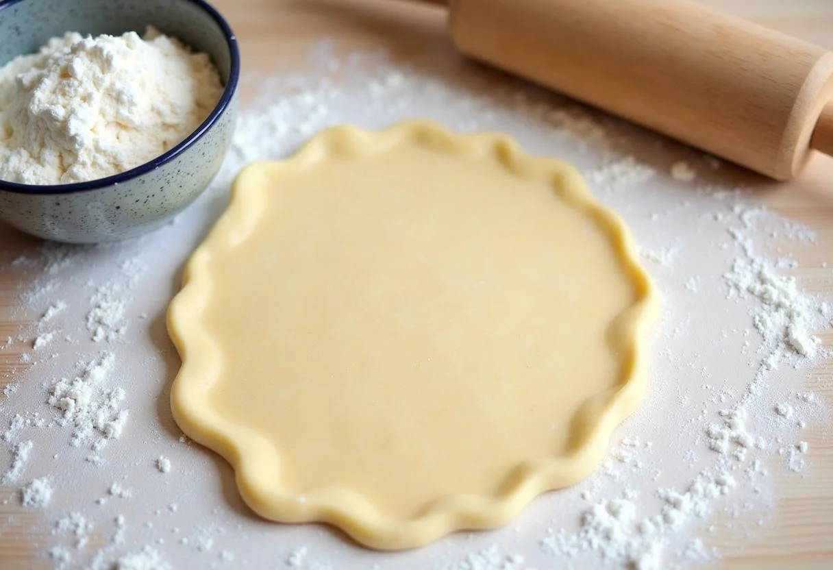 Massa sendo aberta para pastel de feira crocante com farinha e rolo de massa.