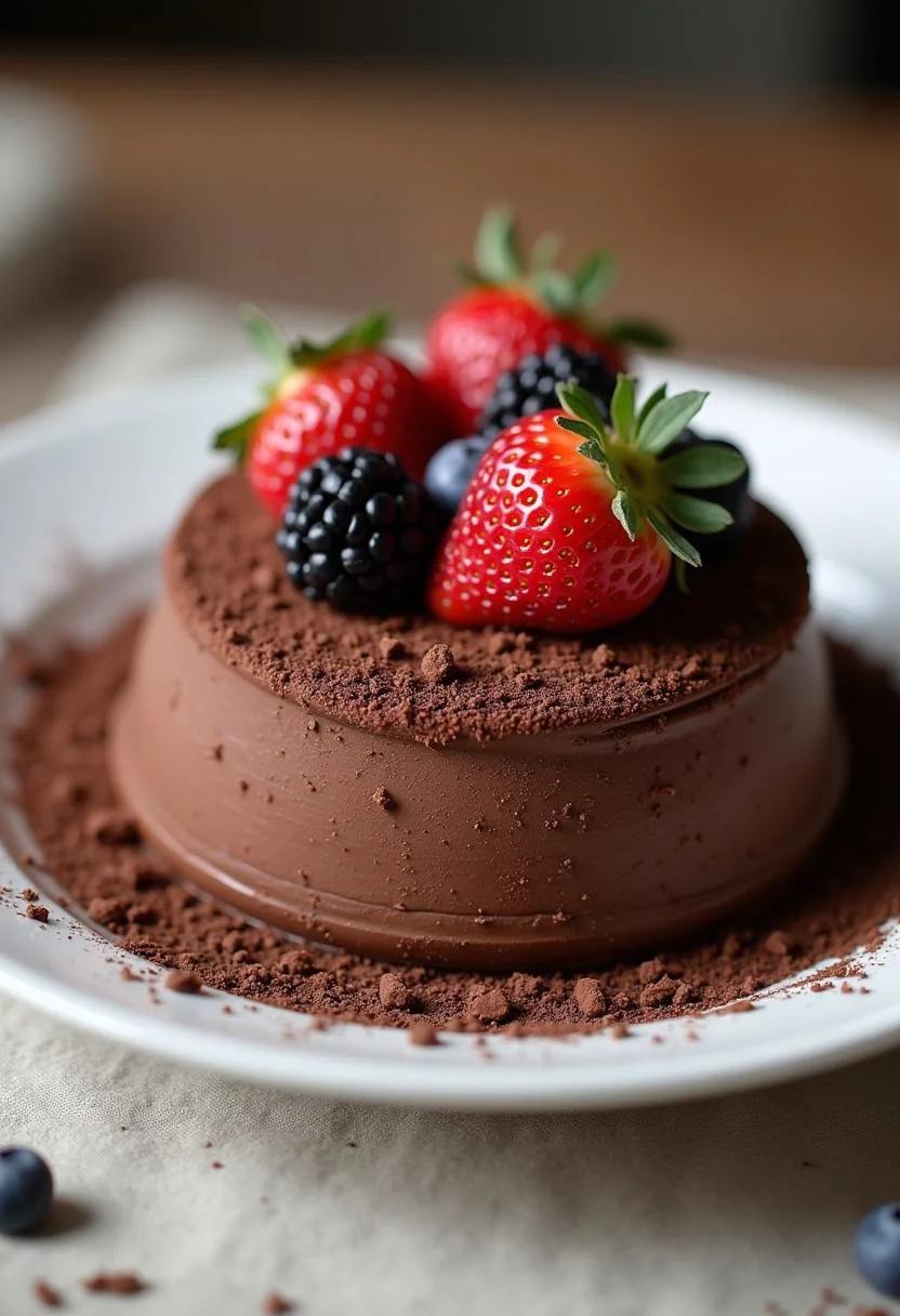 Pavê de chocolate irresistível finalizado, decorado com raspas de chocolate e frutas vermelhas.