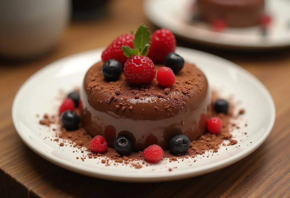 Pavê de chocolate irresistível finalizado, decorado com raspas de chocolate e frutas vermelhas.