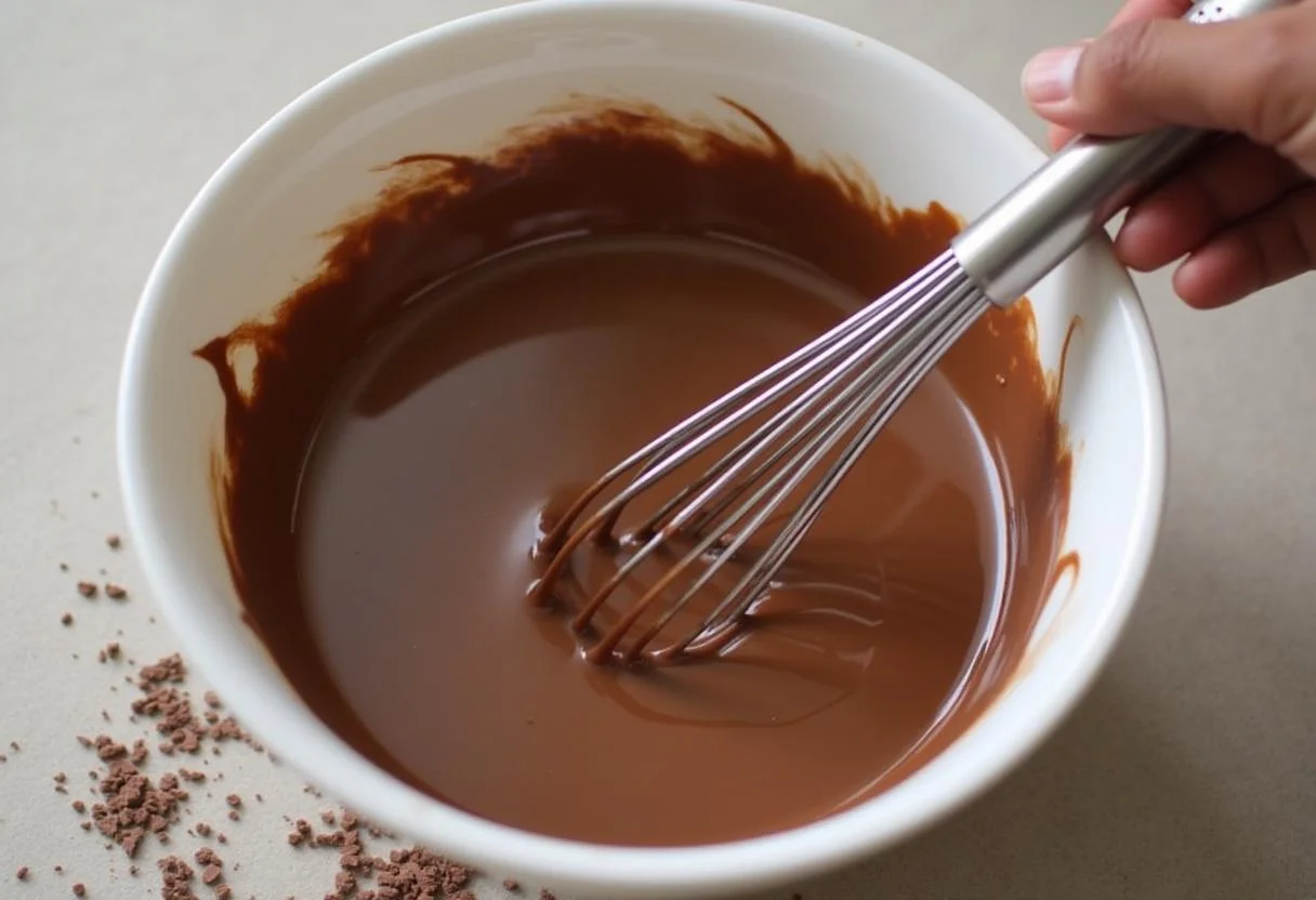Preparação do creme de chocolate para o pavê irresistível, com raspas de chocolate ao lado.