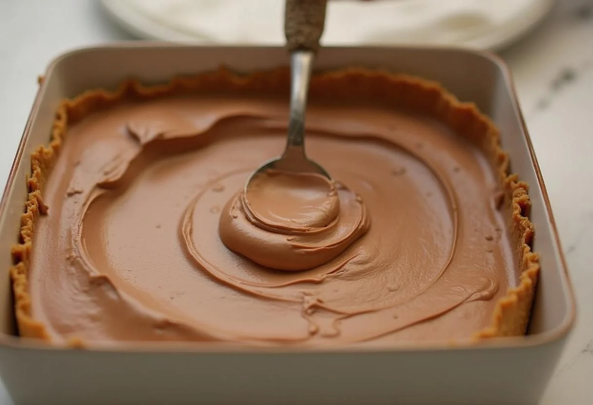 Camada de creme de chocolate sendo espalhada sobre a base de biscoitos no pavê de chocolate irresistível.