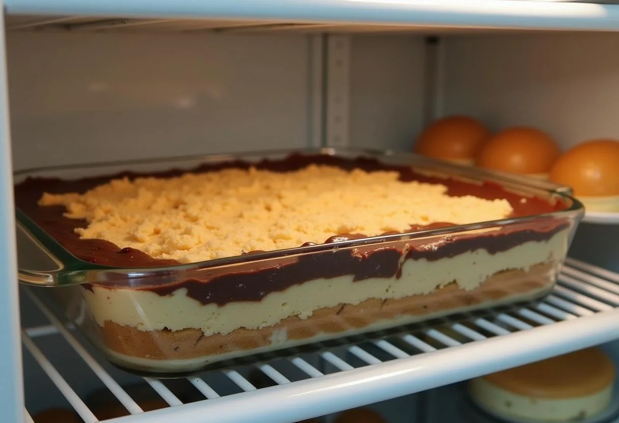 Prato de pavê de chocolate sendo colocado na geladeira para resfriar e firmar.