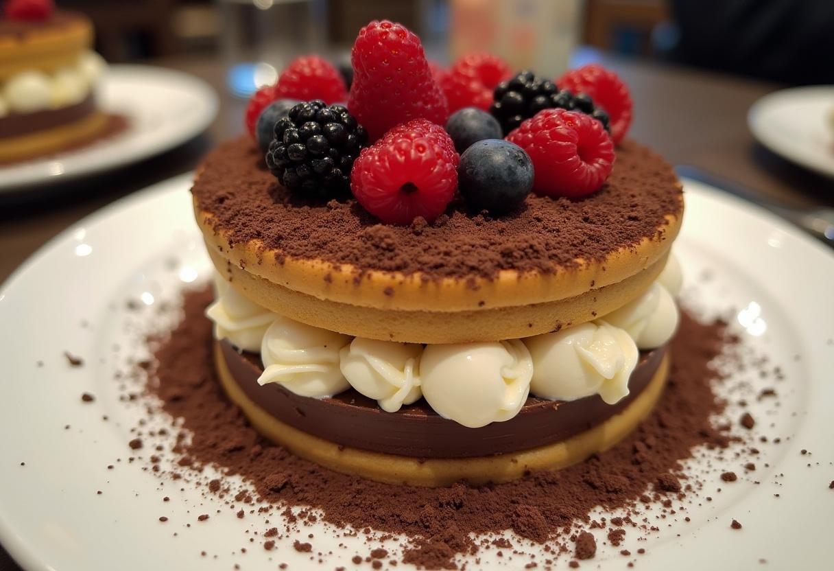 Pavê de Chocolate com Camadas de Luxo finalizado, decorado com raspas de chocolate e frutas frescas.