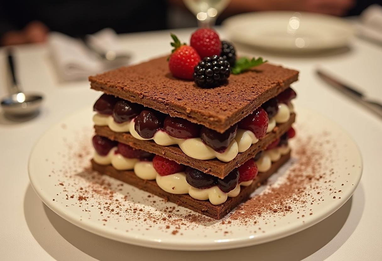 Pavê de Chocolate com Camadas de Luxo finalizado, decorado com raspas de chocolate e frutas frescas.