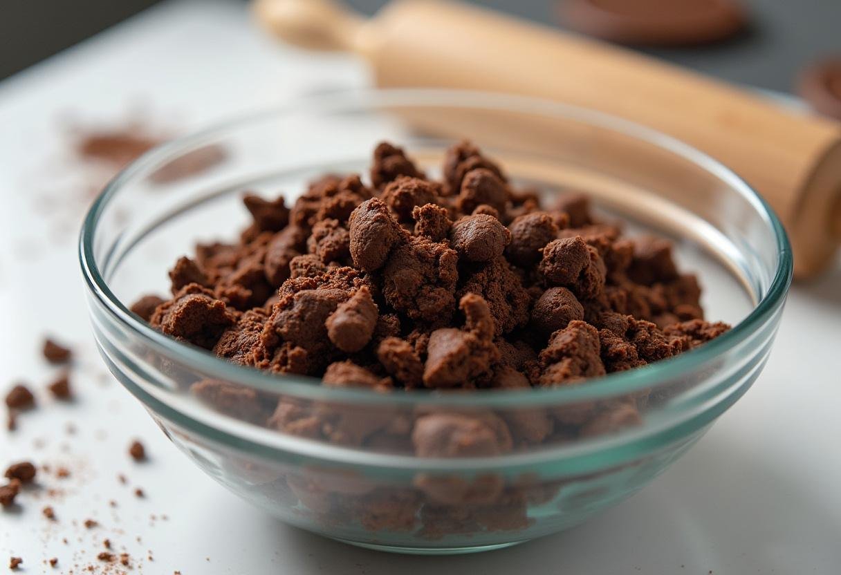 Crumbs de biscoito de chocolate em uma tigela para fazer Pavê de Chocolate com Camadas de Luxo.
