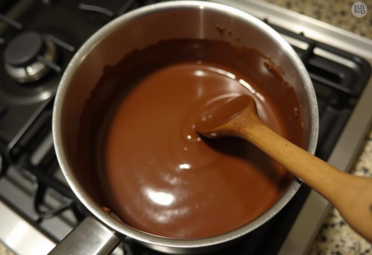 Ganache de chocolate cremoso sendo preparado no fogão para o Pavê de Chocolate.