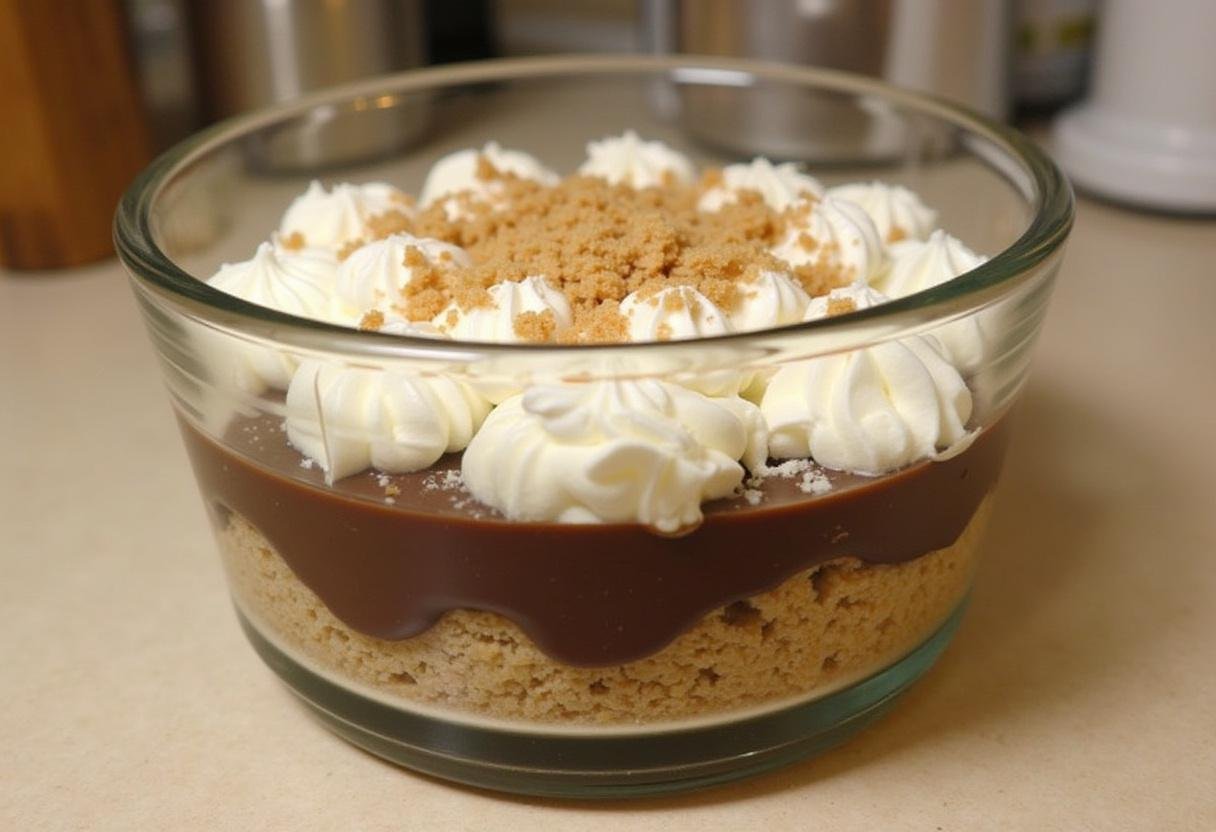 Camadas de biscoito, ganache de chocolate e chantilly sendo montadas em um refratário de vidro para o Pavê.