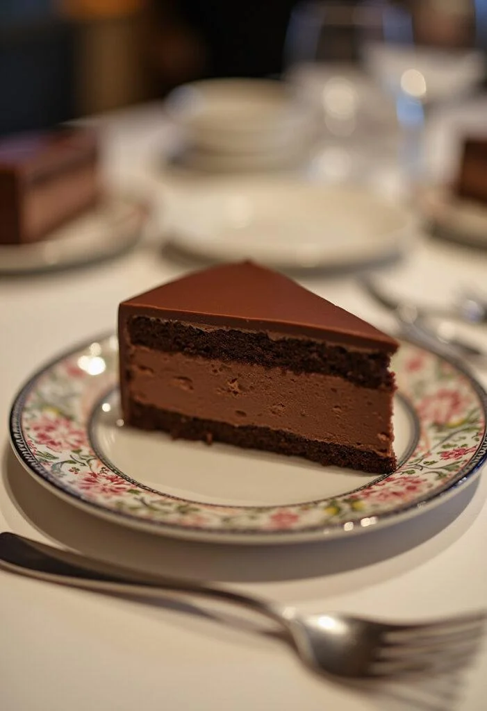 Fatia do pavê de chocolate com camadas de luxo, pronta para ser servida em uma mesa decorativa.