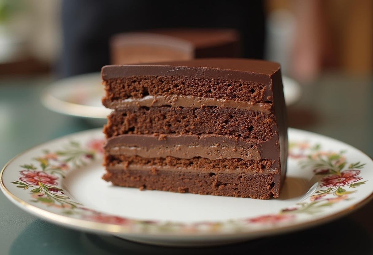 Fatia do pavê de chocolate com camadas de luxo, pronta para ser servida em uma mesa decorativa.