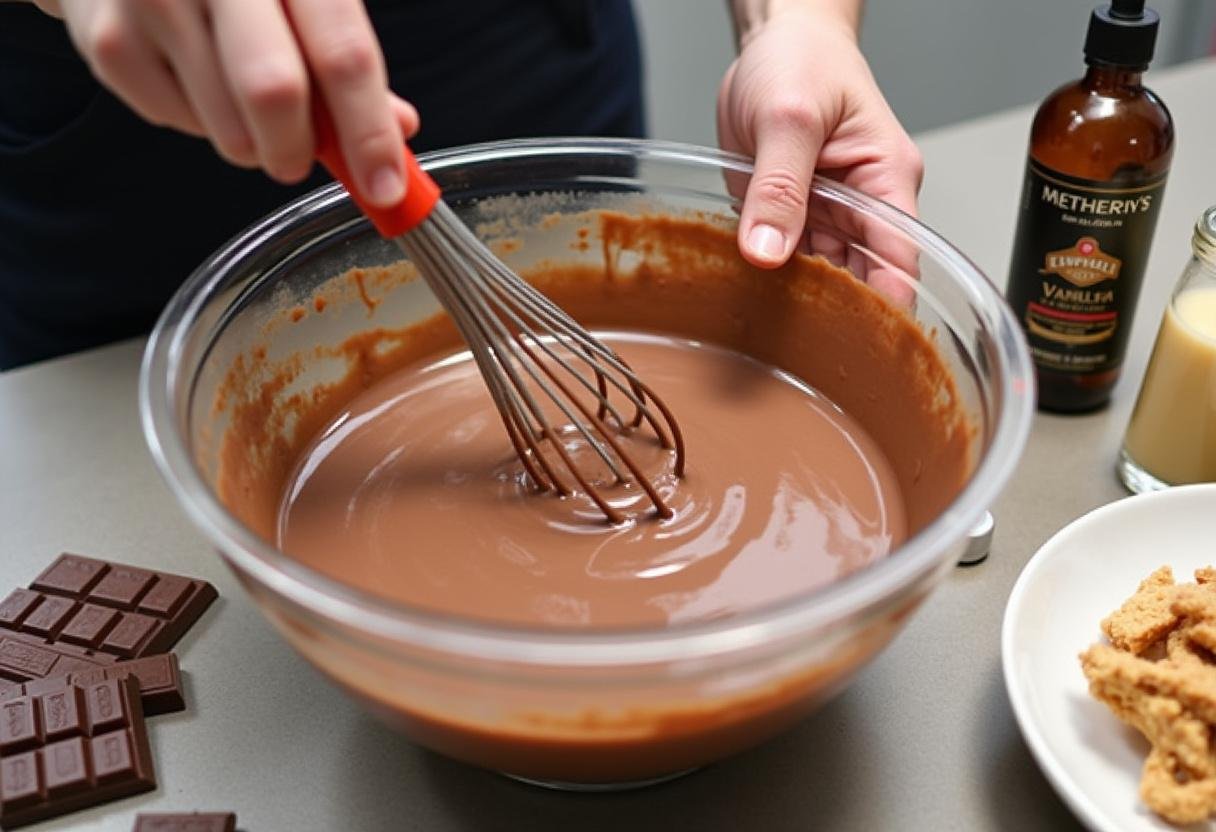 Mistura de creme de chocolate sendo preparada para o pavê de chocolate com camadas de luxo.