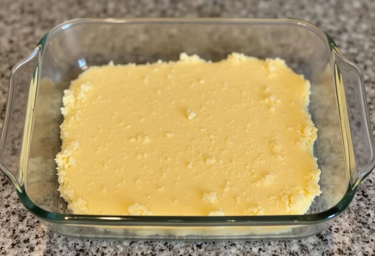 Camada de biscoitos triturados no fundo de um prato de vidro para Pavê de Limão Refrescante.