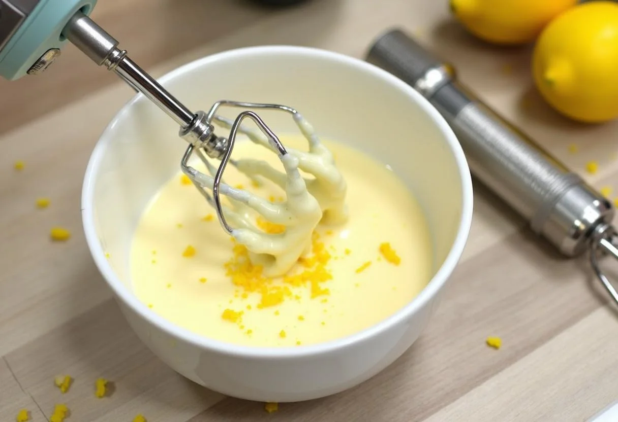 Mistura de creme e raspas de limão sendo batida para o Pavê de Limão Refrescante.
