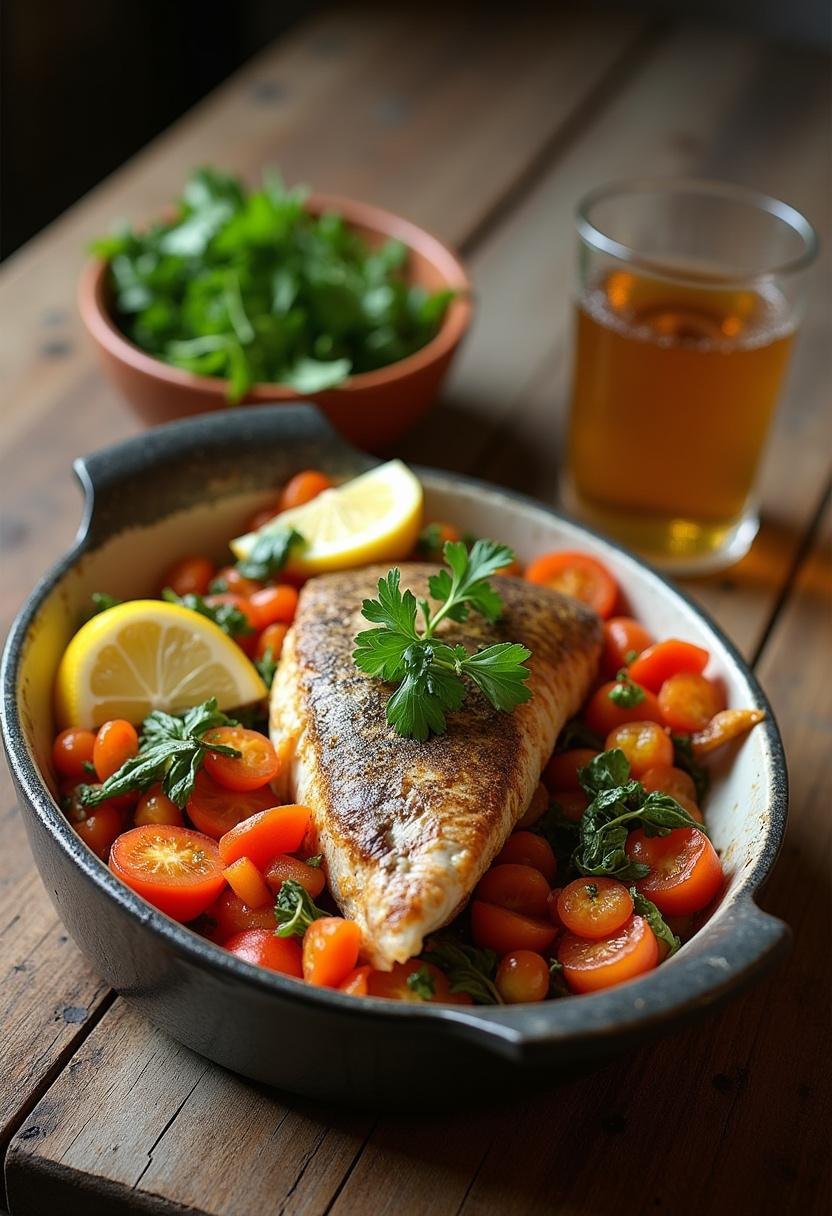 Peixe na Telha finalizado com legumes, delicioso para servir.