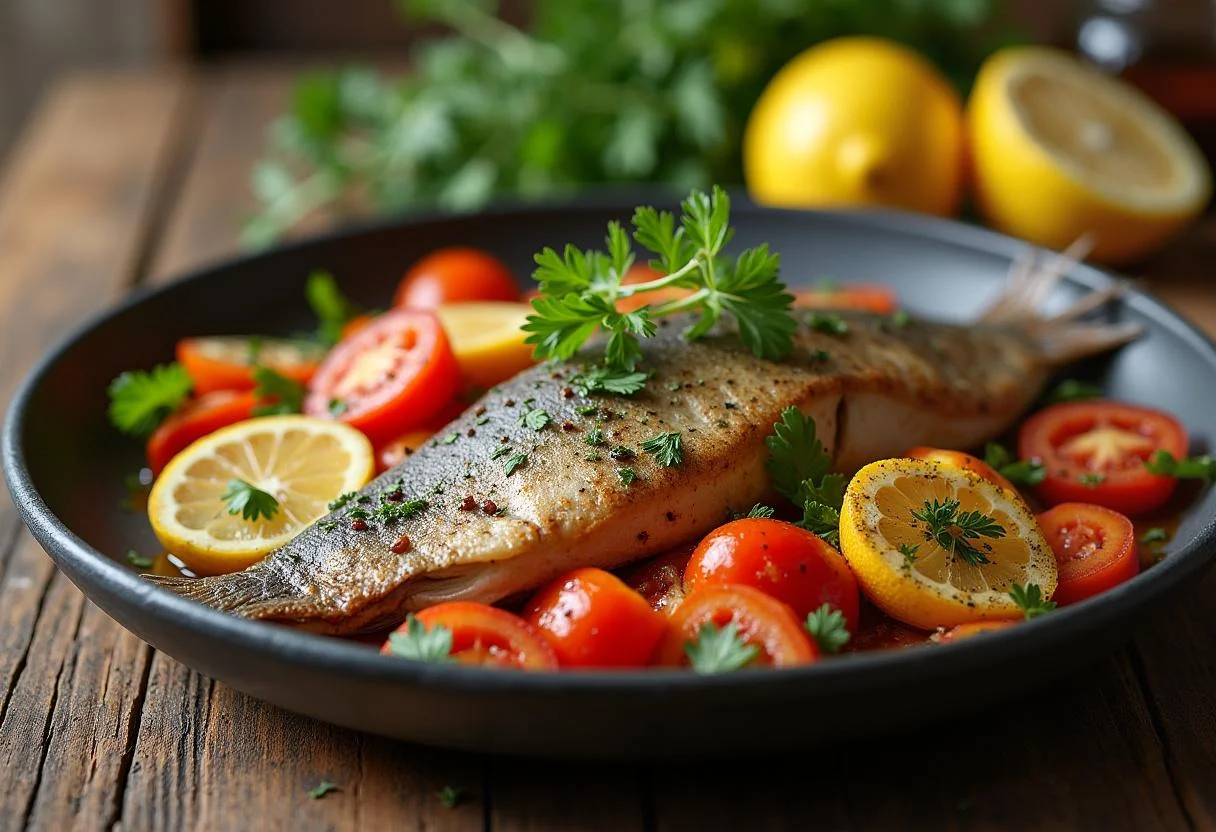 Peixe na Telha finalizado com legumes, delicioso para servir.