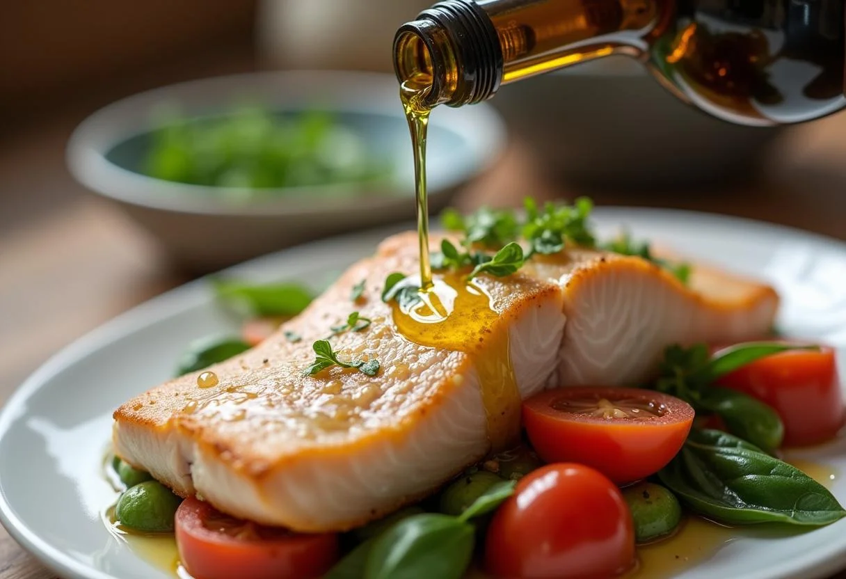 Azeite sendo adicionado ao peixe e legumes para a receita de Peixe na Telha.