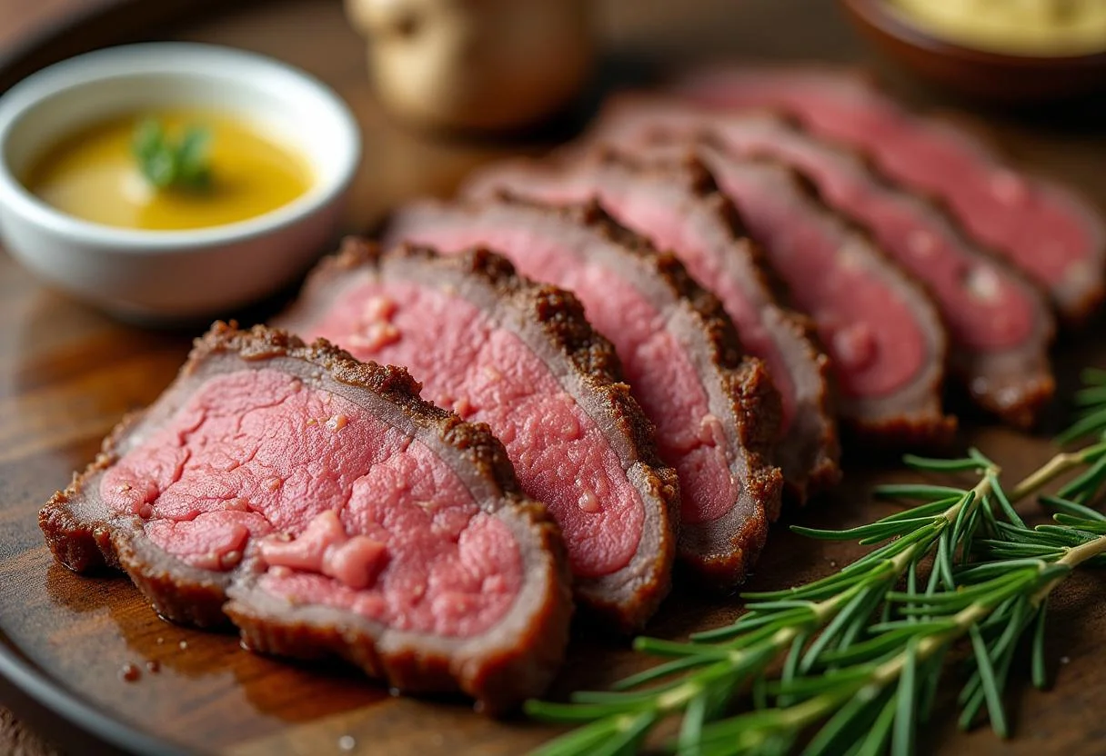 Picanha fatiada e servida com farofa e vinagrete, pronta para degustação.