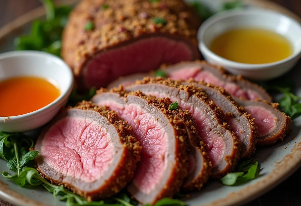 Picanha fatiada e servida com farofa e vinagrete, pronta para degustação.