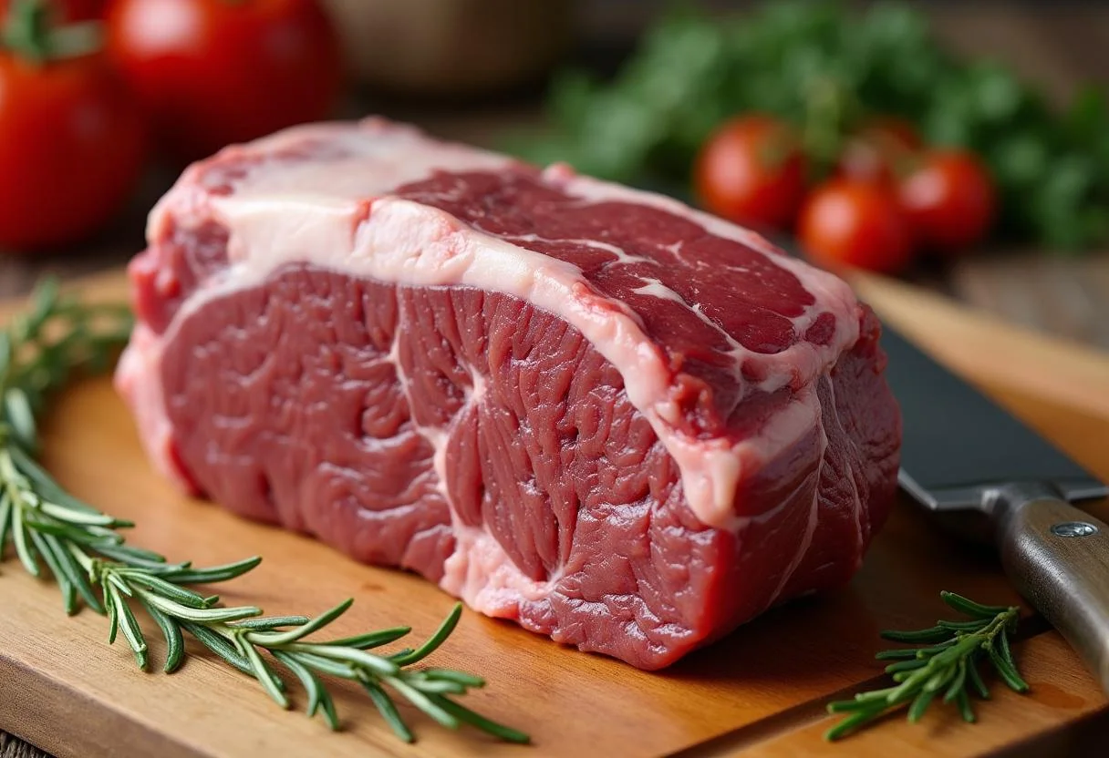 Corte de picanha crua em uma tábua de madeira, pronta para preparo.