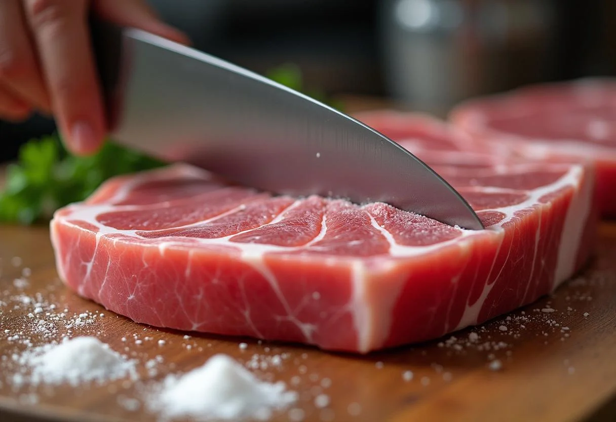 Fazendo cortes em diamante na capa de gordura da picanha para melhor tempero.
