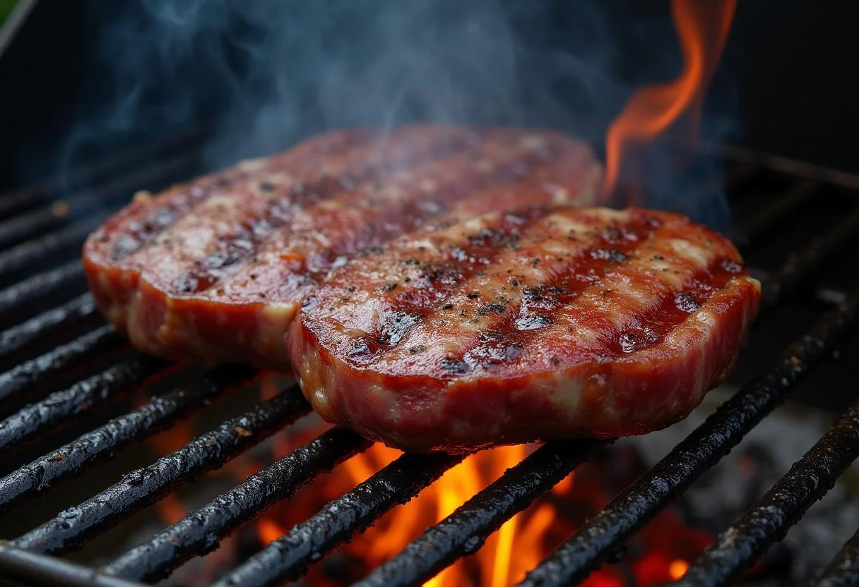 Picanha temperada sendo grelhada em churrasqueira com fogo e fumaça.